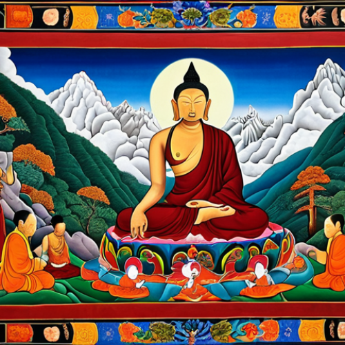 Home 11 **Prompt:** A modern Thangka painting, vibrant colors, using natural pigments, depicting a contemporary Bhutanese scene. Inspired by traditional Buddhist art but with a modern twist, reflecting themes of nature and spirituality.