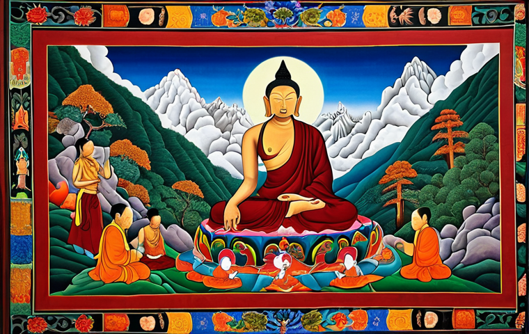 **Prompt:** A modern Thangka painting, vibrant colors, using natural pigments, depicting a contemporary Bhutanese scene. Inspired by traditional Buddhist art but with a modern twist, reflecting themes of nature and spirituality.