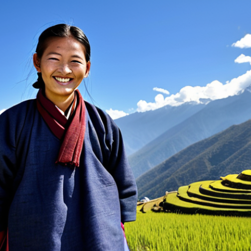 Home 6 A serene Bhutanese person, male or female, standing peacefully outdoors, dressed in authentic, modest traditional clothing (gho or kira). The individual is smiling gently, exuding a sense of calm and contentment. The background features lush green terraced fields leading to a distant, majestic mountain range under a clear sky. Subtle elements of Bhutanese culture like a small chorten or vibrant prayer flags are visible in the midground. The overall scene embodies harmony between people, culture, and nature, reflecting the Gross National Happiness philosophy. Professional photography, high quality, perfect anatomy, correct proportions, natural pose, well-formed hands, proper finger count, natural body proportions, fully clothed, appropriate attire, modest clothing, safe for work, appropriate content, family-friendly.