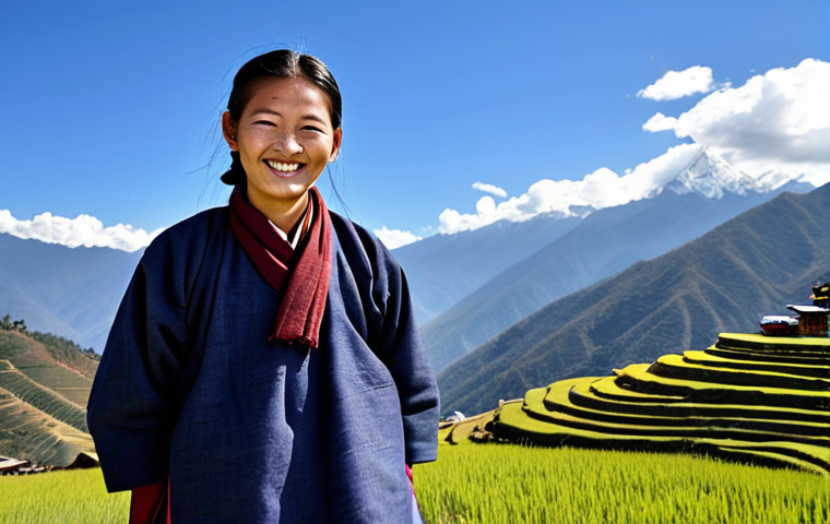A serene Bhutanese person, male or female, standing peacefully outdoors, dressed in authentic, modest traditional clothing (gho or kira). The individual is smiling gently, exuding a sense of calm and contentment. The background features lush green terraced fields leading to a distant, majestic mountain range under a clear sky. Subtle elements of Bhutanese culture like a small chorten or vibrant prayer flags are visible in the midground. The overall scene embodies harmony between people, culture, and nature, reflecting the Gross National Happiness philosophy. Professional photography, high quality, perfect anatomy, correct proportions, natural pose, well-formed hands, proper finger count, natural body proportions, fully clothed, appropriate attire, modest clothing, safe for work, appropriate content, family-friendly.