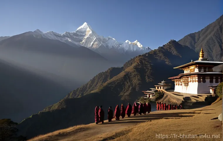 부탄에서 주의할 문화적 금기 - Image Prompt 1: Serene Monastery Morning**