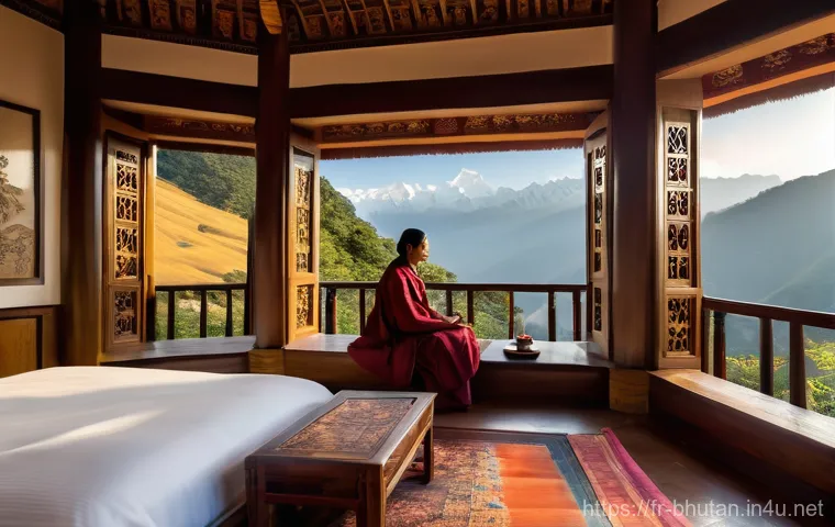 부탄의 새로운 호텔 리뷰 - Image Prompt 1: Serene Himalayan Suite with Cultural Touches**