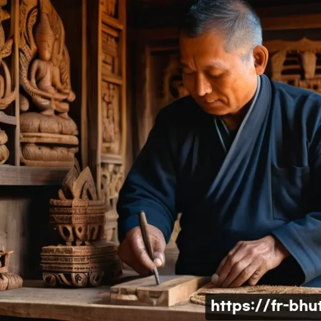 부탄 전통 조각 예술 - A Bhutanese artisan workshop scene depicting a master craftsman hand-carving a traditional cedar woo...