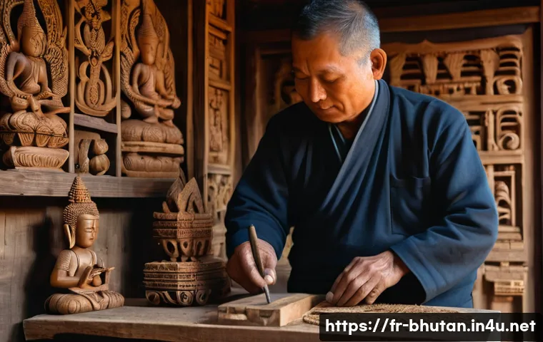 부탄 전통 조각 예술 - A Bhutanese artisan workshop scene depicting a master craftsman hand-carving a traditional cedar woo...