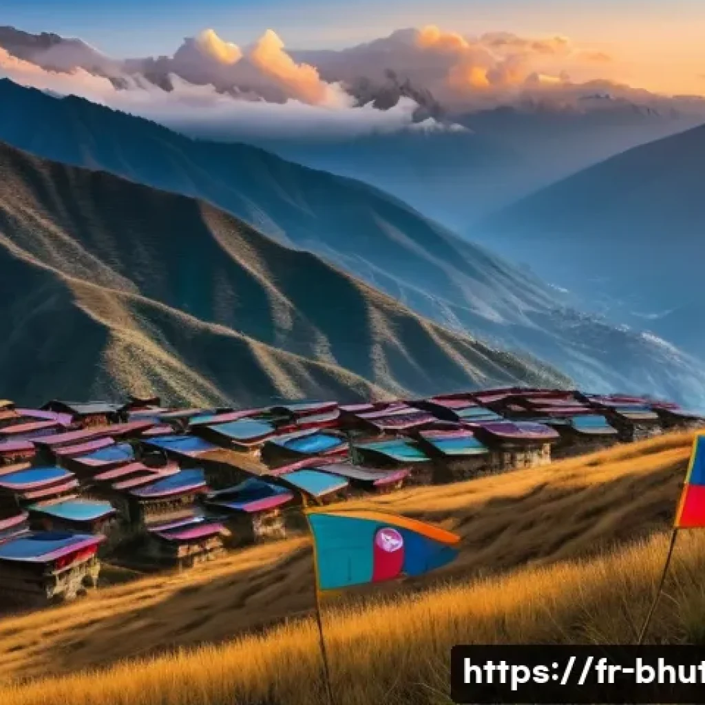 부탄과 중국의 외교 - A panoramic view of the Bhutanese Himalayas at sunrise, featuring traditional Bhutanese architecture...