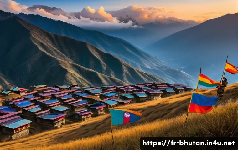 부탄과 중국의 외교 - A panoramic view of the Bhutanese Himalayas at sunrise, featuring traditional Bhutanese architecture...