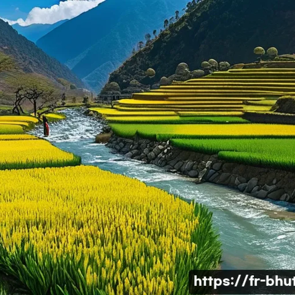 부탄의 주요 강과 하천 - A serene Himalayan mountain valley in Bhutan during early spring, featuring a crystal-clear river or...