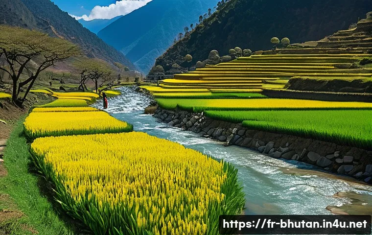 부탄의 주요 강과 하천 - A serene Himalayan mountain valley in Bhutan during early spring, featuring a crystal-clear river or...