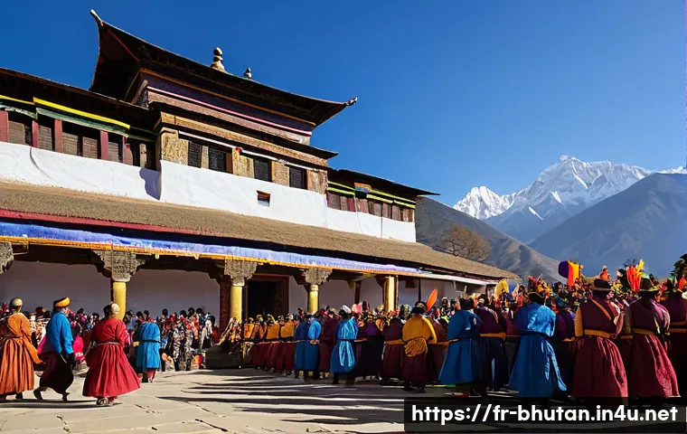 부탄에서 발생한 주요 사건 - A vibrant Bhutanese festival scene during a tshechu, showcasing traditional dancers in colorful, ela...
