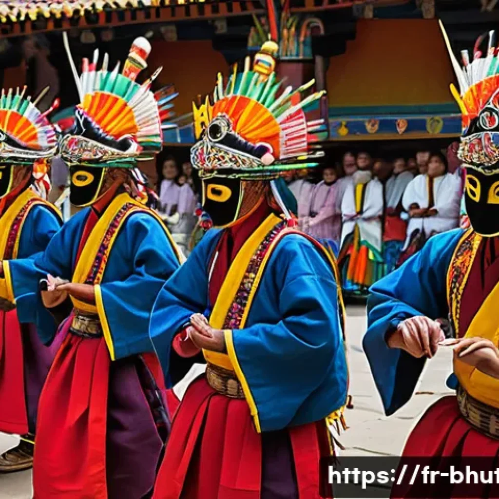 부탄 전통 춤 - A vibrant Bhutanese Cham dance scene during a religious festival, featuring masked dancers wearing c...