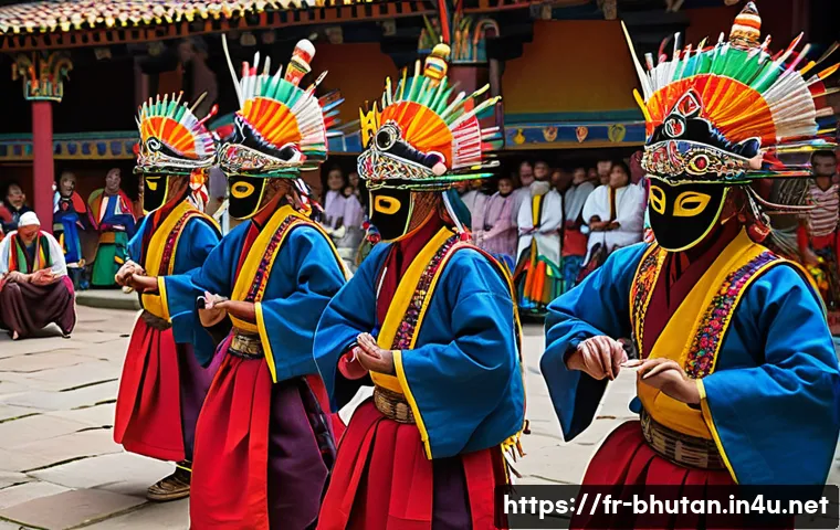 부탄 전통 춤 - A vibrant Bhutanese Cham dance scene during a religious festival, featuring masked dancers wearing c...