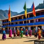 Home 22 부탄과 네팔 비교 - A vibrant Bhutanese tshechu festival scene capturing masked dancers in traditional colorful costumes...