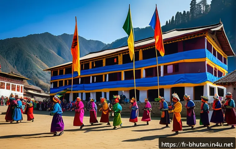 부탄과 네팔 비교 - A vibrant Bhutanese tshechu festival scene capturing masked dancers in traditional colorful costumes...
