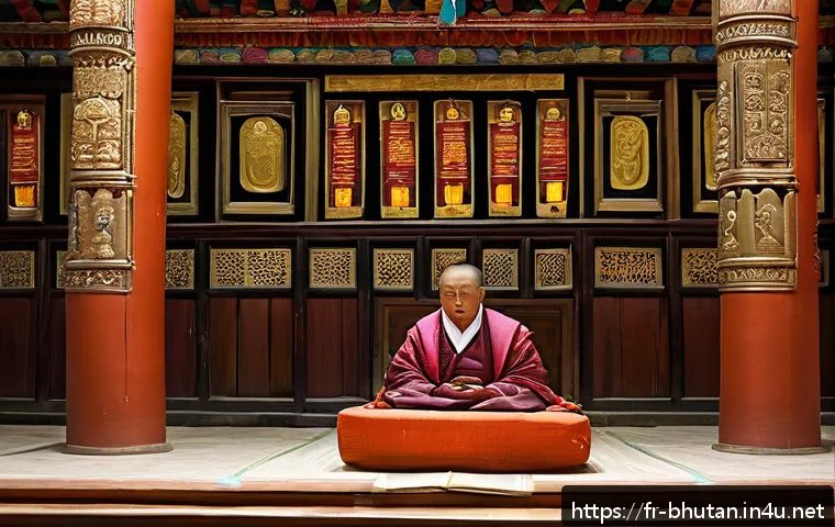 부탄 정부의 정치 체제 - A serene Bhutanese parliamentary session blending tradition and modernity, featuring a bicameral par...