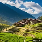 Home 20 부탄 농업과 농산물 - A picturesque Bhutanese mountain village showcasing traditional terraced rice fields blending seamle...
