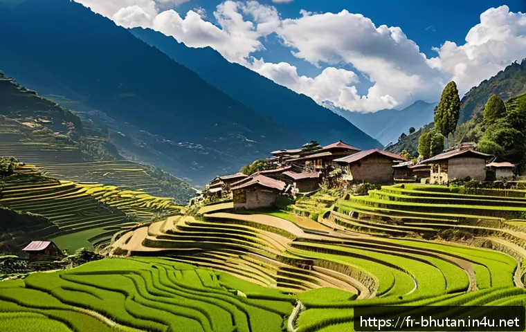 부탄 농업과 농산물 - A picturesque Bhutanese mountain village showcasing traditional terraced rice fields blending seamle...