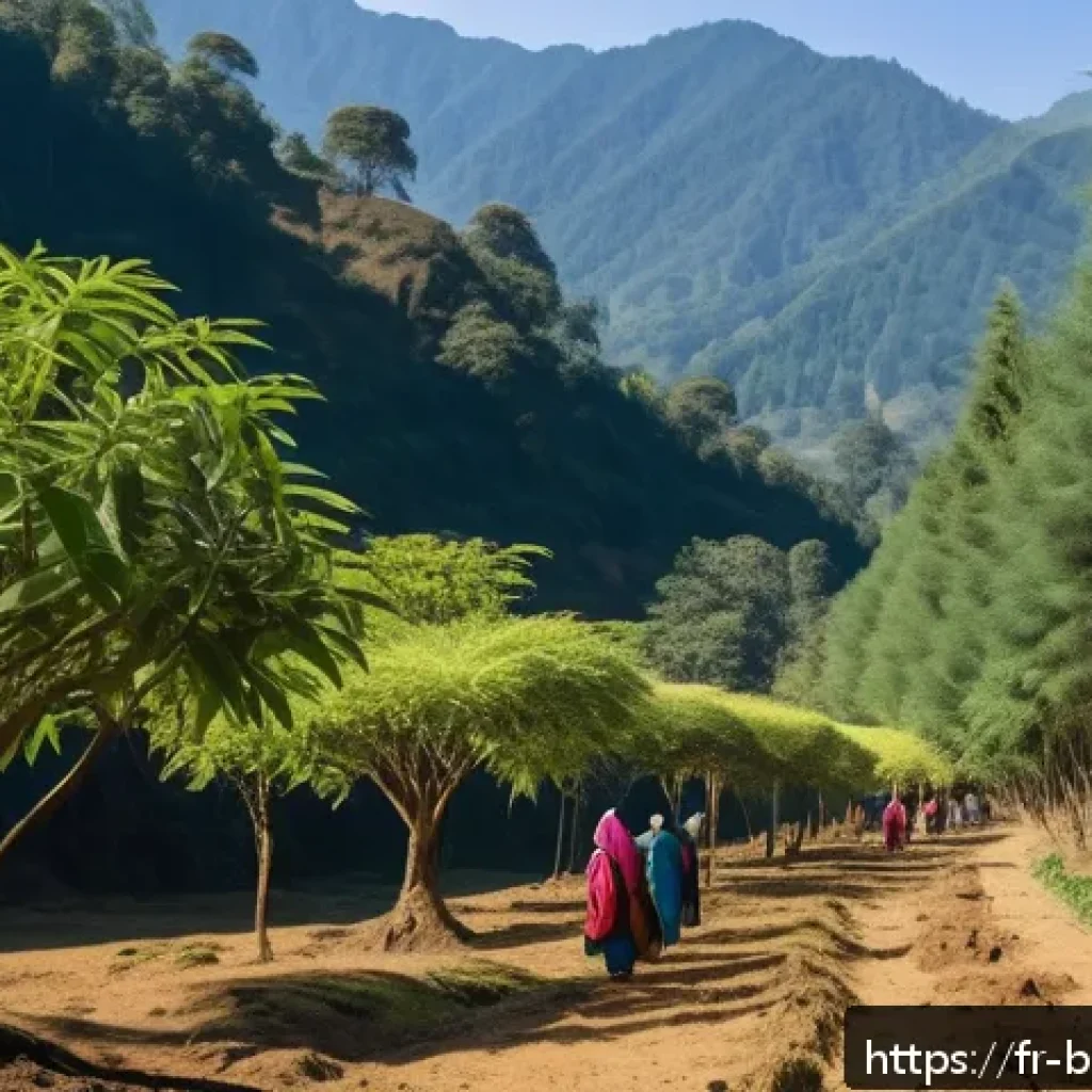 부탄의 야생동물 보호 - A serene Bhutanese forest scene showcasing a local village community engaged in traditional yet eco-...