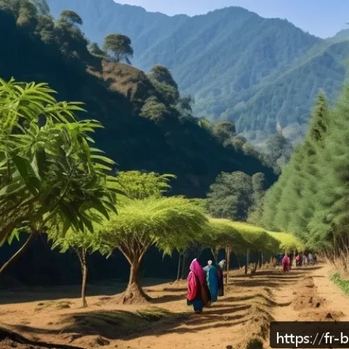 Home 31 부탄의 야생동물 보호 - A serene Bhutanese forest scene showcasing a local village community engaged in traditional yet eco-...