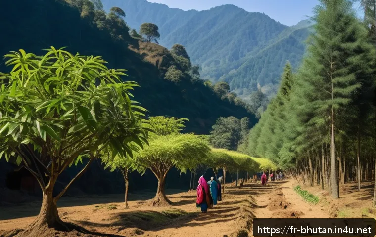 부탄의 야생동물 보호 - A serene Bhutanese forest scene showcasing a local village community engaged in traditional yet eco-...