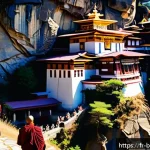 Home 18 부탄의 인기 있는 트레킹 루트 - A serene Bhutanese monastery perched on a steep cliff surrounded by dense green forests under a clea...