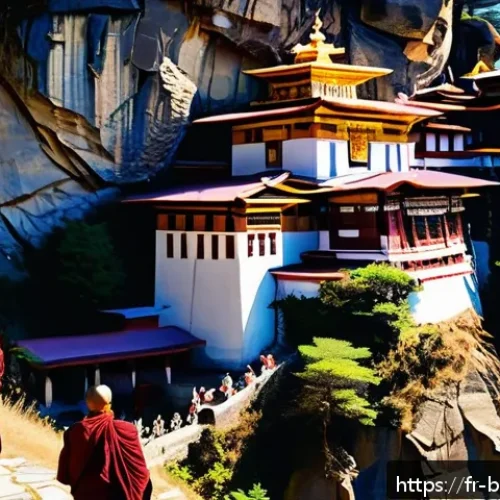 Home 30 부탄의 인기 있는 트레킹 루트 - A serene Bhutanese monastery perched on a steep cliff surrounded by dense green forests under a clea...