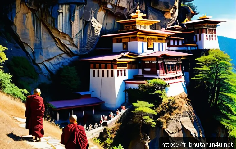 부탄의 인기 있는 트레킹 루트 - A serene Bhutanese monastery perched on a steep cliff surrounded by dense green forests under a clea...