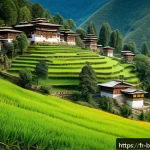 Home 23 부탄 행복 지수 - A serene Bhutanese mountain village scene featuring traditional wooden houses harmoniously integrate...