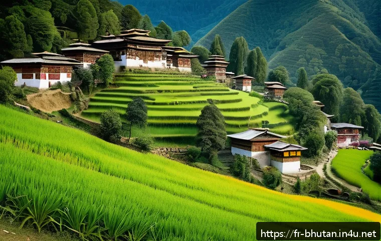 부탄 행복 지수 - A serene Bhutanese mountain village scene featuring traditional wooden houses harmoniously integrate...