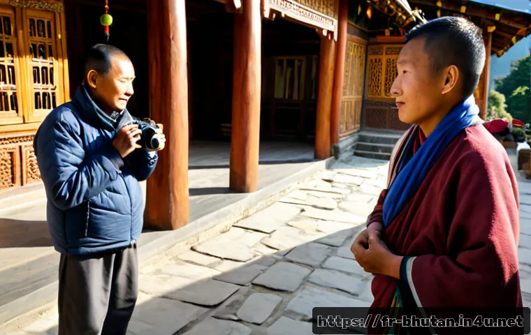 부탄에서의 사진 촬영 에티켓 - Photorealistic travel scene in Bhutan, a respectful French tourist holding a camera at chest level a...