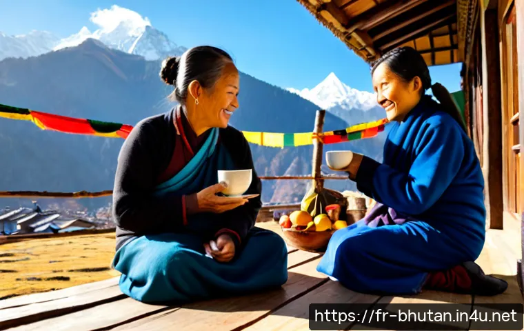 Home 17 부탄의 행복한 라이프스타일 - Photorealistic morning scene in a peaceful Bhutanese mountain village, a multigenerational family in...